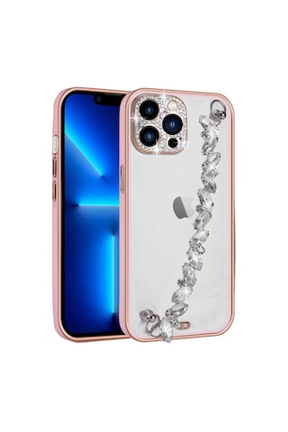Apple Uyumlu iPhone 13 Pro Max Uyumlu Taş Süslemeli Kamera Korumalı El Tutamaçlı Zore Blazer Kılıf-pembe Pembe -