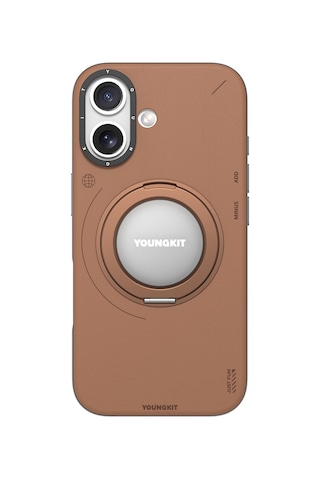 Apple Uyumlu iPhone 17 Kılıf M-safeli 360 Standlı Basit Mat Deri Desenli Youngkit Tech Leather Kapak Kahverengi Kahverengi
