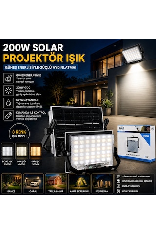200w Güneş Enerjili Led Işık Solar Projektör - Fener Kamp - Dış Mekan 3 Farklı Led Işık 348961 Lmb Bx40