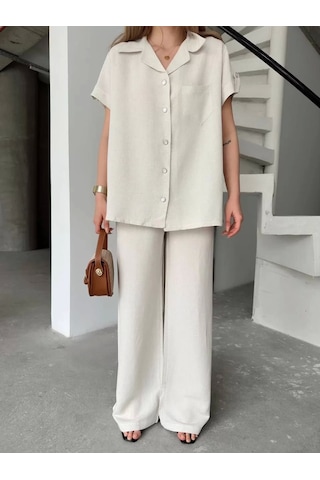 Keten Kısa Kollu Cepli Gömlek Pantolon İkili Takım - Beyaz Beyaz