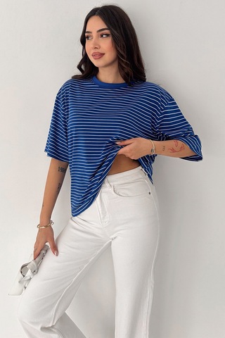 Noa & Noa Kadın Oversize Çizgili Tişört Monochrome Ease Mavi
