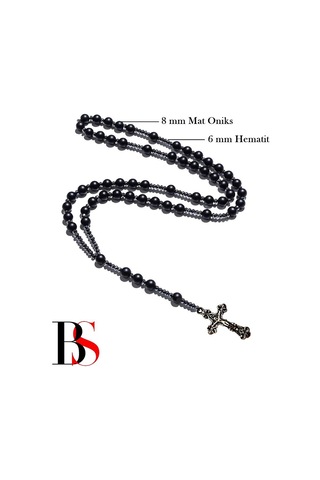 Mat Oniks & Hematit Doğal Taş Erkek Haç Kolye Gümüş