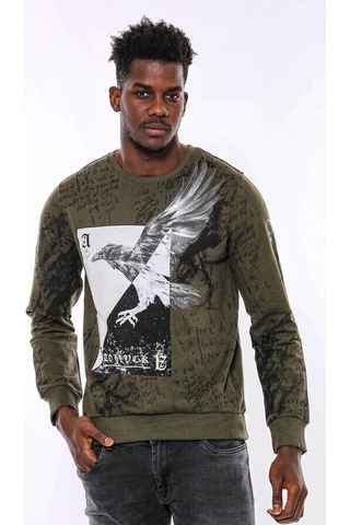 Wessi Yeşil Baskılı Taşlı Bisiklet Yaka Sweatshirt Yeşil