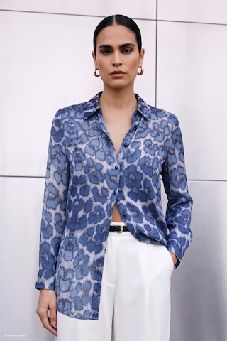 Sateen Leopar Desenli Klasik Gömlek - Lacivert-137939