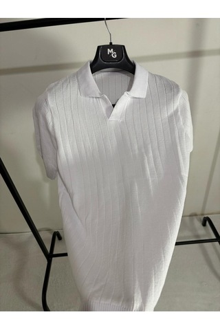 Apaş Yaka Triko T-shirt Beyaz
