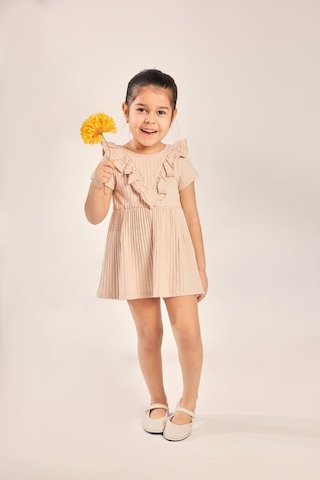 Luess Kız Çocuk %100 Pamuklu Fırfırlı V Yaka Elbise-bej Bej