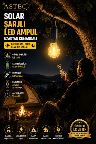 Astec Taşınabilir Solar Şarjlı Led Ampul Uzaktan Kumandalı Type-c Outdoor Kamp Bahçe Lambası Askılı Karabinalı Sarı