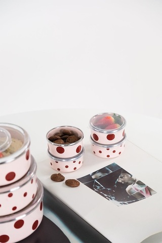 Emaylabxpeppythings Cherry Emaye 4 Lü Kapaklı Kase Çerezlik, Kahvaltılık, Reçellik, Zeytinlik, Sunumluk Seti 8cm 200 Ml Pembe - Bordo
