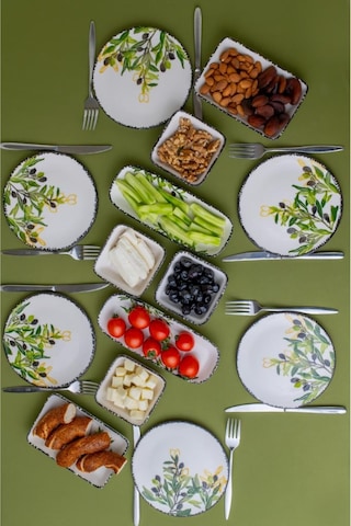 14 Parça 6 Kişilik Seramik Kahvaltı Takımı Zeytin Desenli Yuvarlak Kahvaltı Seti Beyaz - Yeşil