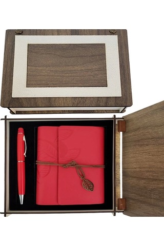 Özel Ahşap Kutulu Kırmızı Deri Defter Ve Kalem Set 1 Adet