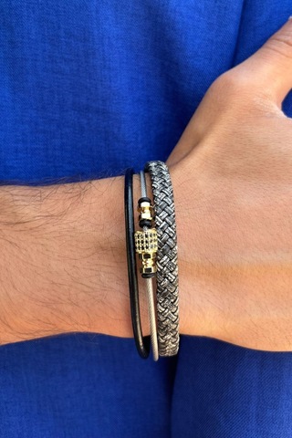 El İşçiliği İle Üretilmiş Hakiki Deri Erkek Bileklik Beyaz - Altın