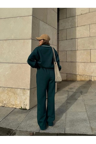 Reka Moda Üç İplik Yakalı Sweat Baggy Pantalonlu Takım - Yeşil Yeşil