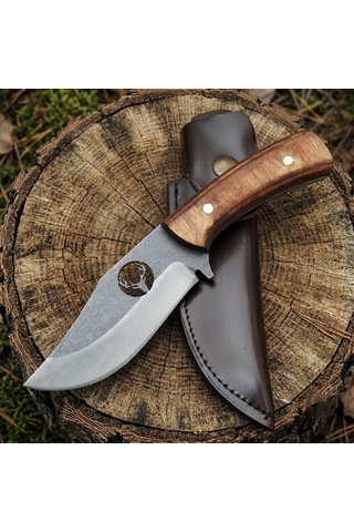 Knivox El Yapımı Geyik Motifli Avcı Bıçağı - Doğal Ahşap Kabza Deri Kılıflı Kamp Bıçağı Çok Renkli