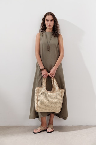 Keten Büzgülü Geniş Elbise Haki Haki