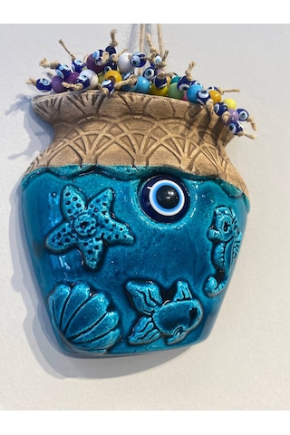 El Yapımı Nazar Boncuğu, Duvar Dekorasyon Ürünü, Seramik, El İşçiliği, Turkuaz Renkte Vazo Desenli -