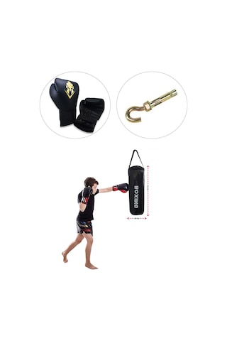 Çocuk Siyah Boks Seti 53 x 20 CM Boks Torbası + Boks Eldiveni Siyah