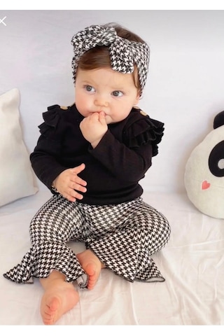 İspanyol Paça Kazayağı Desenli Kız Bebek Takım Ve Bandanası %100 Pamuk Ribana Omuz Fırfırlı Siyah - Beyaz