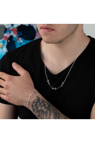 Dkmn Gümüş Dikenli Tel Şekilli 925 Ayar Erkek Gümüş Bileklik