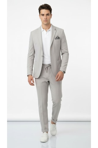 Pike Kumaş Jogger Pantolonlu Erkek Takım Elbise Torba Cepli Tek Düğme Slim Fit Kombin Gri