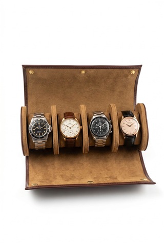 4 Lü Deri Saat Kutusu Silindir Tasarım Taşınabilir Saat Saklama Organizer 24x11x7 Cm Taba