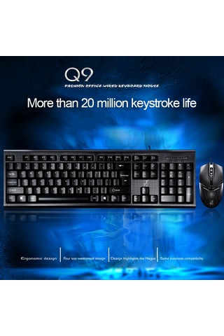 Chasing Leopard Q9 1600 Dpı Profesyonel Kablolu Izgara Doku Oyun Ofis Klavyesi Optik Fare Kiti Siyah Optik