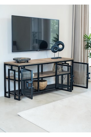Dekoratif Metal Gövdeli Ahşap Raflı Tv Ünitesi 3 Raflı 3 Kapaklı Tv Sehpası 120 X 30 Cm Televizyon Ünitesi Siyah