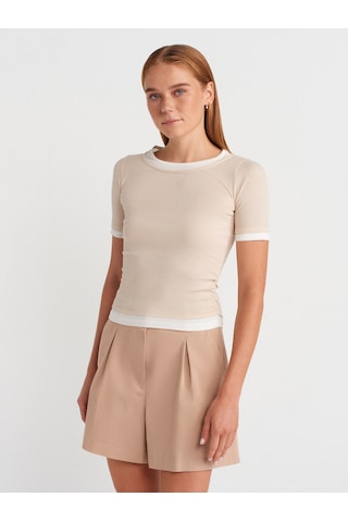 Dilvin 31942 Çift Katlı Büzgülü T-shirt-bej Bej