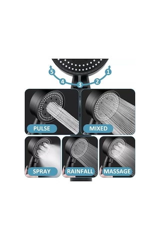 Sardıcı 5 Fonskiyonlu Turbo Yüksek Basınçlı Siyah Duş Başlığı Siyah