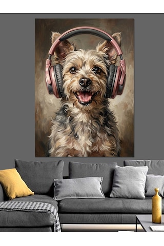 Kulaklıklı Müzik Dinleyen Şirin Köpek Dekoratif Kanvas - Mdf Ahşap Tablo