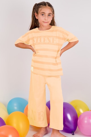 Kız Çocuk Eşofman Takımı Çizgili İspanyol Paça B17 Bej