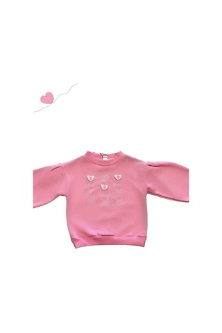 Kız Çocuk Kalın Kalp Detaylı İçi Şardonlu Sweatshirt-14668 Pembe