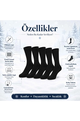 DS Wak Kadın Siyah 12 Li Kışlık Termal Uzun Çorap Dikişsiz, Esnek Havlu Dokulu, Sıcak Tutan, Güçlendi