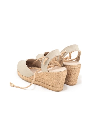 Star Tombis Gerçek Elişi Topuğu Açık Bilekten Bağlamalı Bej Dolgu Topuk Keten Hasır Espadril Handmade Bej