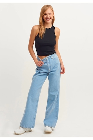 Refox Kadın Siyah Fitilli T-shirt Halter Yaka Örme Atlet