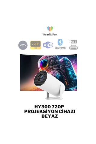 Wearfitpro HY300 720P Android Wireless Bluetooth Destekli 180 Derece Dönebilen Projeksiyon Cihazı Beyaz
