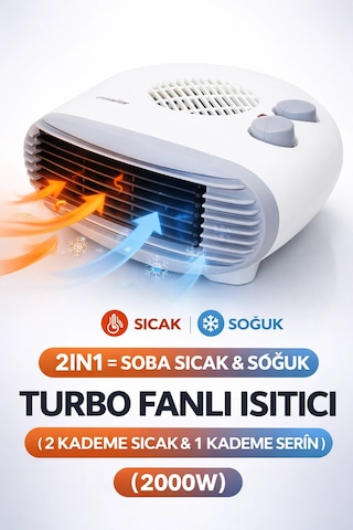 Turbo Fanlı 2000w Elektrikli Isıtıcı 2 Kademeli Sessiz Ve Güvenli Sıcak Hava Üfleme Turbo Soba