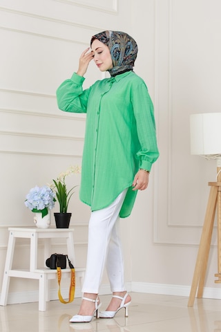 Sevitli Göğüsü Taş Detaylı Oversize Tunik-su Yeşili-5231 Su Yeşili
