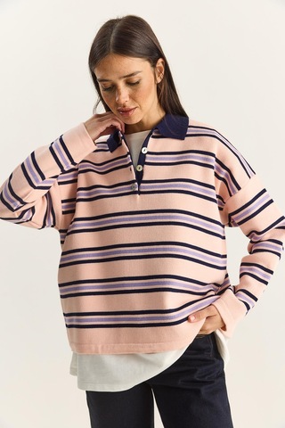 Shade Polo Yaka Çizgili Basic Triko Kazak 20258061 - Pembe