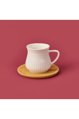 Mien Bambu Tabaklı Çizgili Fincan Seti - Açık Kahverengi / Beyaz - 100 Ml Açık Kahverengi / Beyaz