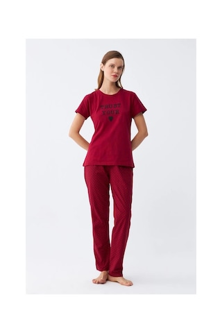 İkikareshop Kadın Bordo Kalp Desenli Kısa Kollu Penye Pijama Takımı Çok Renkli