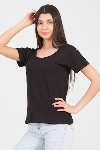 As Collection Siyah Kayık Yaka Kısa Kol Örme Kadın T-shirt Siyah