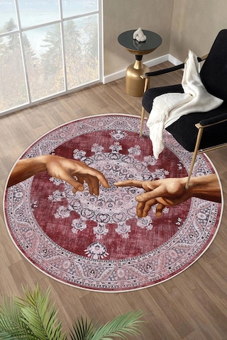 Yıkanabilir Modern Sanat Desenli Bordo Dijital Baskı Yuvarlak Halı