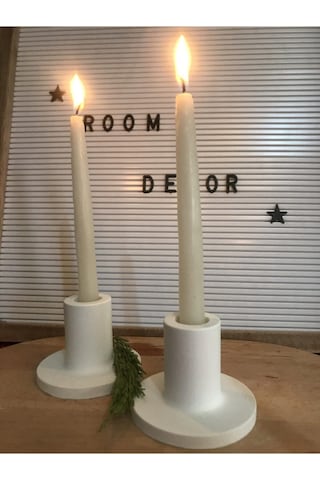 Modern Beton Şamdan Mumluk 2 Li Set Beyaz Renk Beyaz
