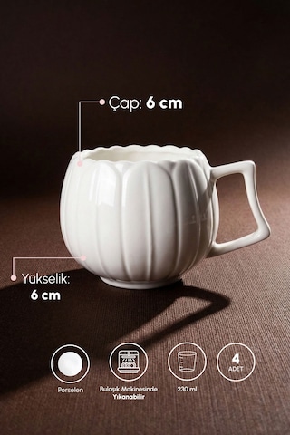Pure Ivory 4'lü Saf Beyaz Porselen 230 Ml Kupa Seti Beyaz Beyaz