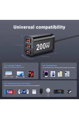Topshop1 Siyah Yms-618 200w Gan Iıı 6 Portlu Usb C Şarj Aleti Qc3 1 Pd 100w Dizüstü Şarj Adaptörü Macbook İphone Uyumlu Galaxy Uyumlu S24 S23 S22 İçin
