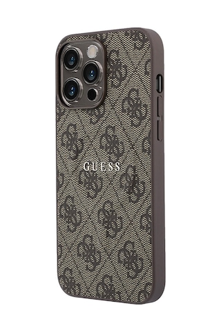 İphone 15 Pro Max Uyumlu Kılıf Guess Lisanslı M-safe Kabartmalı 4g Desenli Yazı Logolu Kapak Kahvere Kahverengi