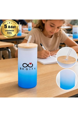 Logonuza Özel 5 Adet Pipetli Cam Matara 600 Ml Ahşap Kapaklı Kurumsal Suluk Mavi