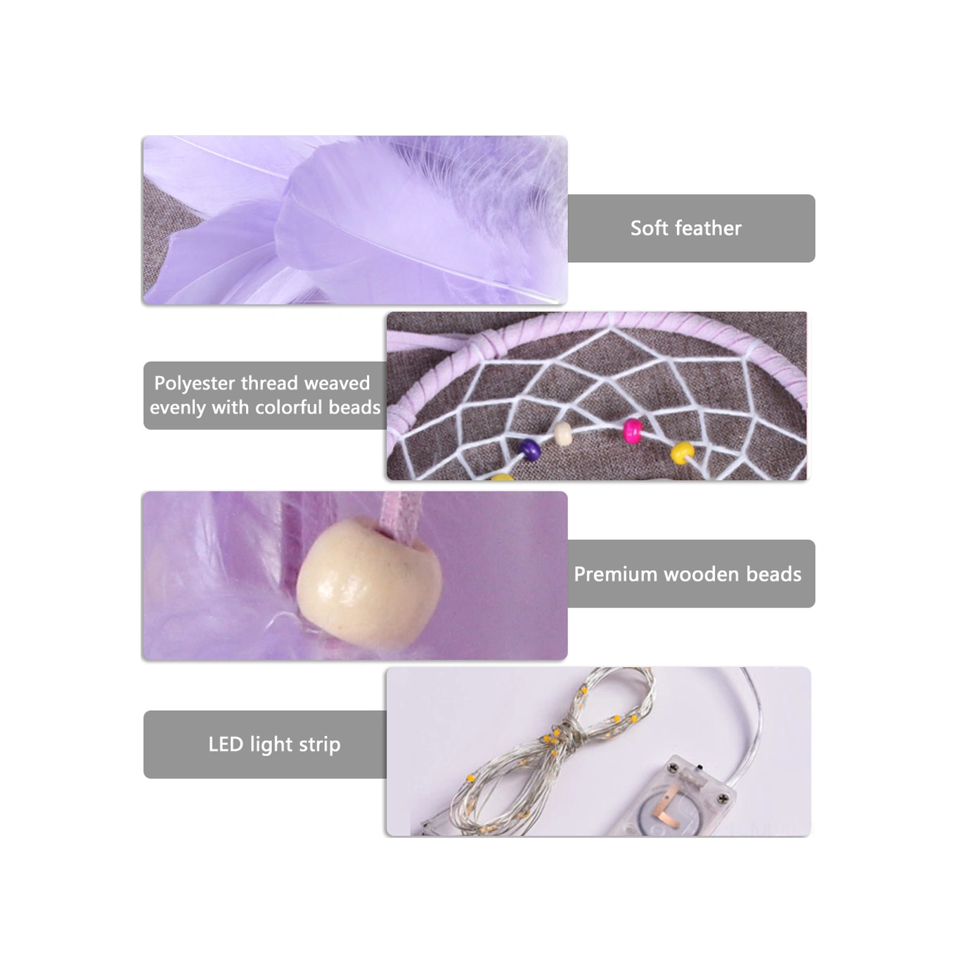 Moveevo Led Işıklı El Dokuma Rüya Yakalayıcı - Bebek Odası, Yatak Odası, Parti Dekorasyonu - Soft Tüy Ve Renkli Boncuklar İle Romantic Ambiyans Oluşturucu Beyaz