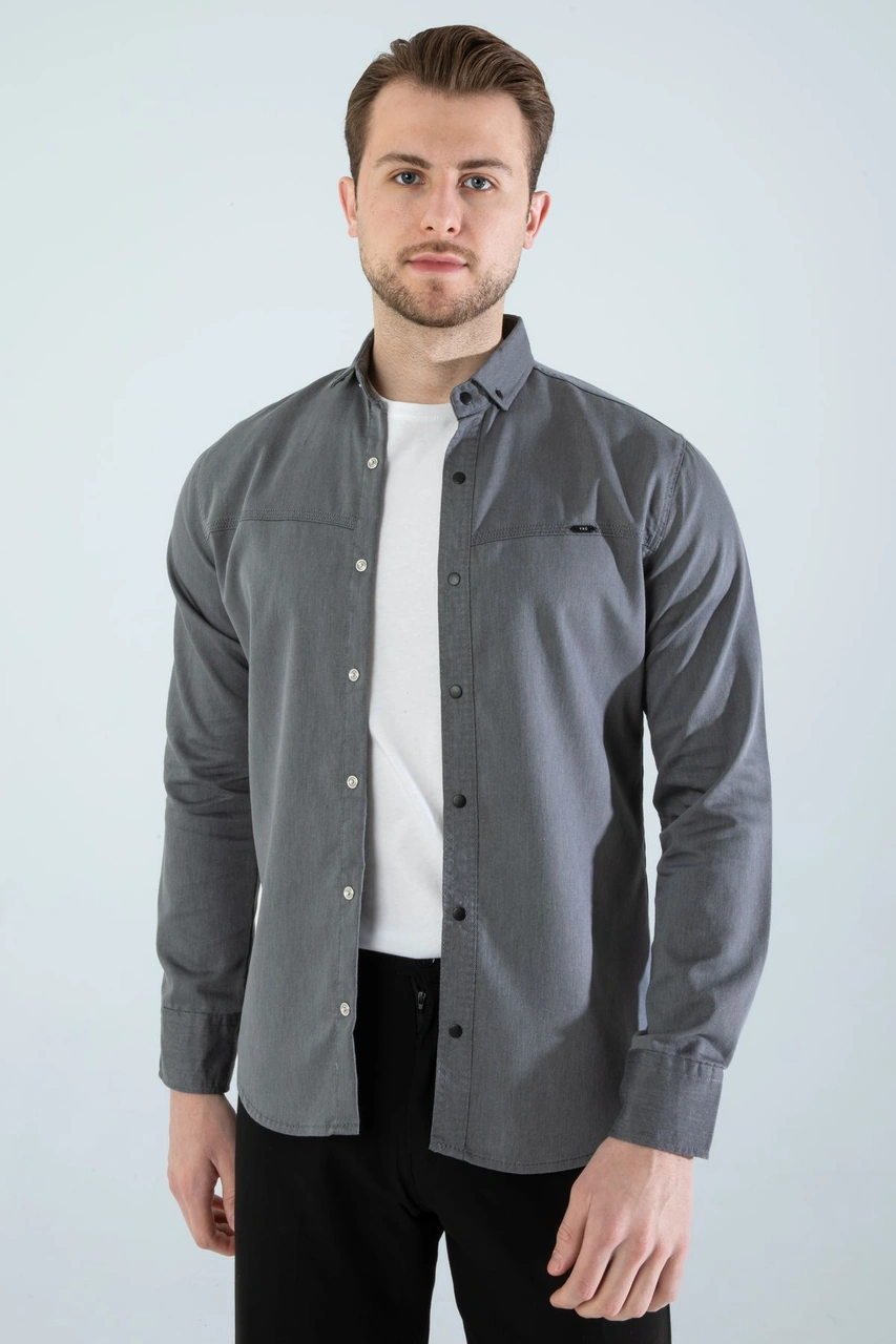 Slim Fit Erkek Cepsiz Kot Gömlek Gri