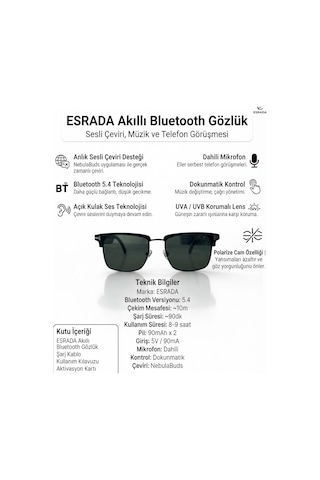 Esrada Akıllı Bluetooth Gözlük Sesli Çeviri Özellikli Mikrofonlu Uv400 Polarize Güneş Gözlüğü Es255 C01 55-18-140